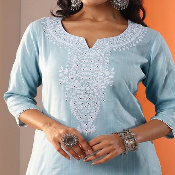 Blue Embroidered Kurta Set with Dupatta – Cotton Blend Chikankari S–2XL - Picture 6 of 7